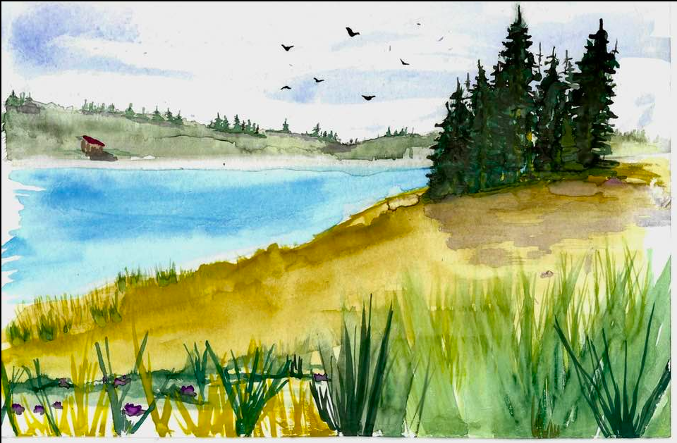 watercolor painting showing a cabin by the lake with tree and ravens flying in the distance.