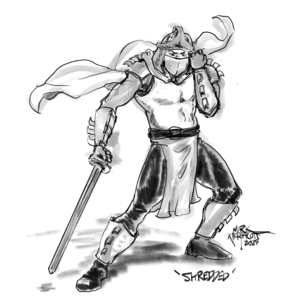 Shredded is a man with mask and sword and cap. He is a drawing in black and white.