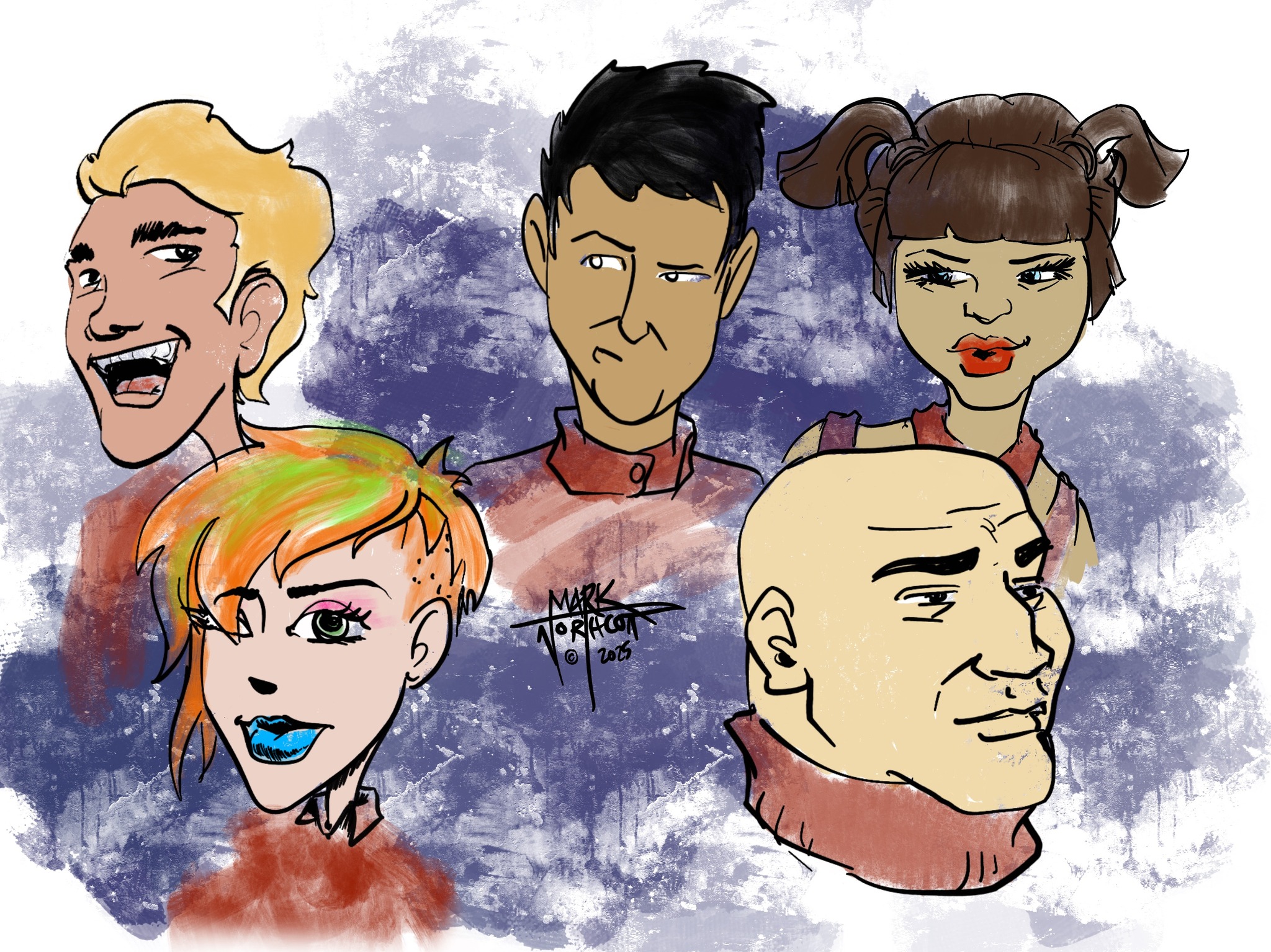 colorful faces of and figure heads only of manga style sketches